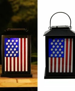 Assorted Alpine Solar Metal USA Flag Lantern with Light SLL1384BB