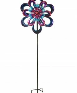 Alpine 94 inch Metal Round Flower Spinning Garden Stake KPP428 - Wind Chimes