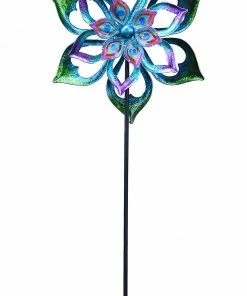 Alpine Dual Spinning Floral Kinetic Garden Stake KPP424 - Wind Chimes
