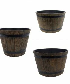 Alpine Brown Barrel Flower Pot Planter - Set of 3 - HUP120A - Decorative Planters