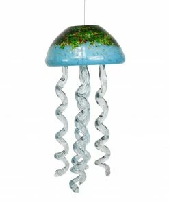 Alpine Handmade Round Hanging Turquoise Glass Jellyfish Windchimes HTO108TUR - Wind Chimes