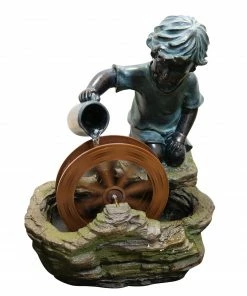 Alpine Bronze Boy with Wheel Fountain USA256 - Solar
