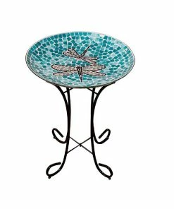 Alpine Dragonfly Glass Mosaic Birdbath with Metal Stand - HMD196A - Bird Bath