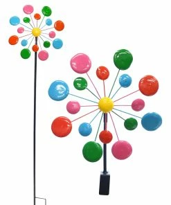 Alpine Multi-Color Metal Circles Windmill with Stake and Fence Topper JUM120 - Wind Chimes