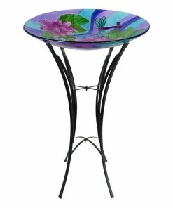 Alpine Purple Flower Glass Birdbath - KPP611A-18 - Garden Accessories