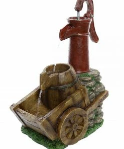 Alpine 24 inch Vintage Red Water Pump with Wheelbarrow Fountain- Small ZEN276S - Water Features