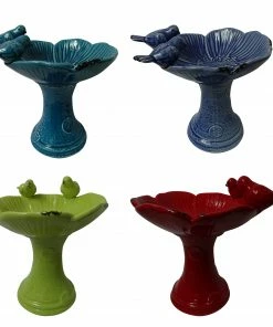 Alpine Assorted Ceramic Birdbaths with Two Birds WQA584AHH - Solar